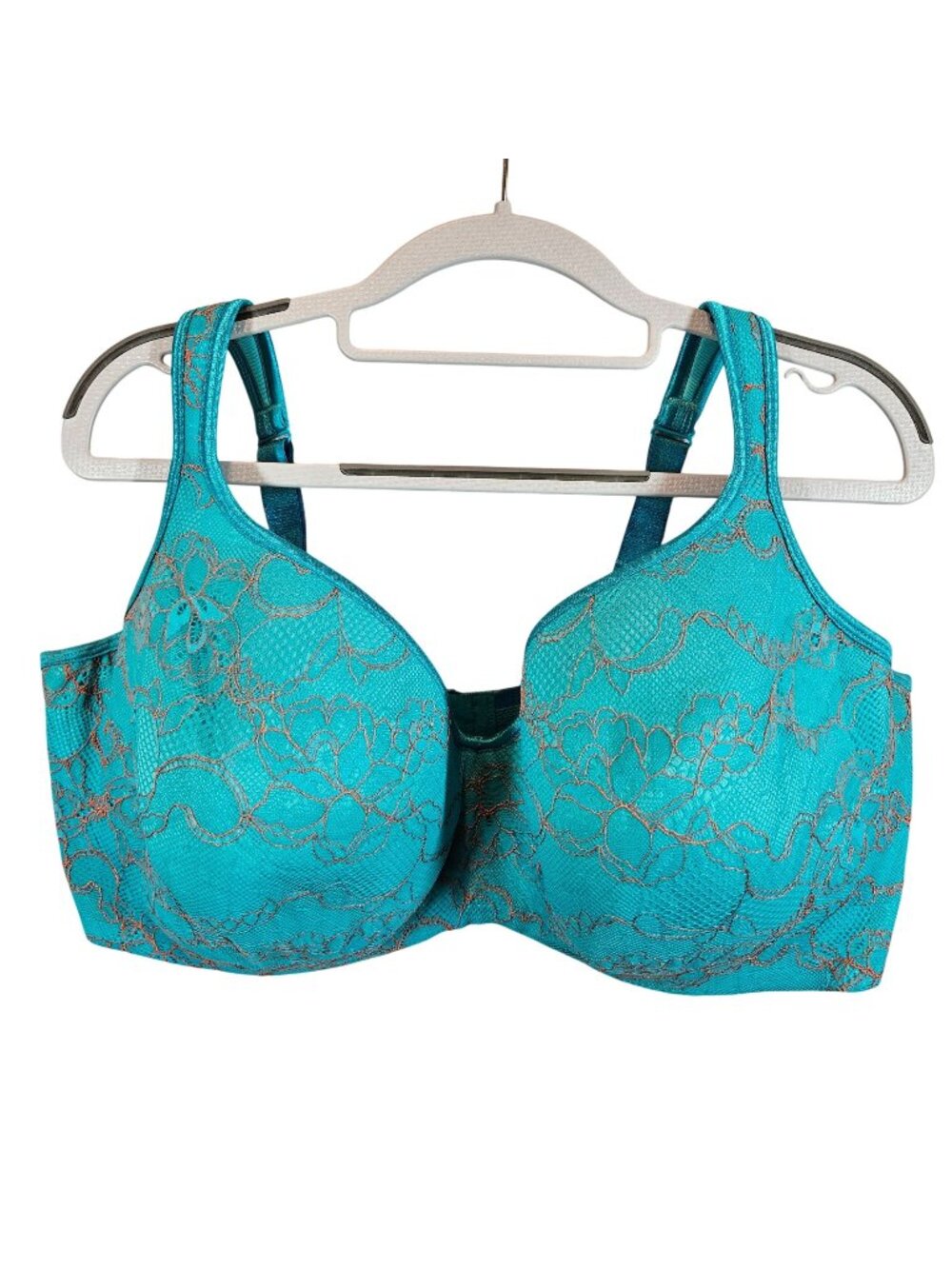 Cacique 44G Turquoise Lace Full Coverage Underwire Bra teal gold  accent wires